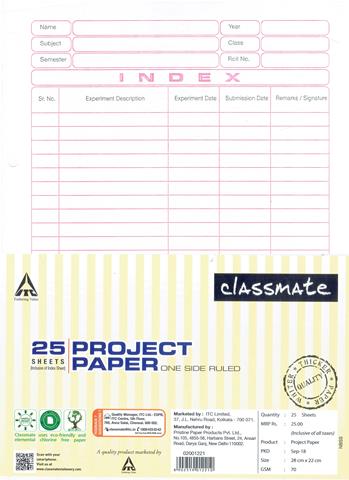 Classmate Project Paper 25 One Side Ruled Sheets (Size 28x22 cm)