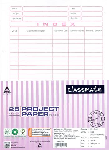 Classmate Project Paper 25 Both Side Ruled Sheets (Size 28x22 cm)