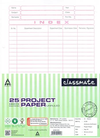 Classmate Project Paper 25 Both Side Unruled Sheets (Size 28x22 cm)