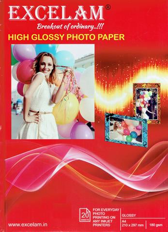 Excelam High Glossy Photo Paper 180 GSM A4 Size (20 Sheets)