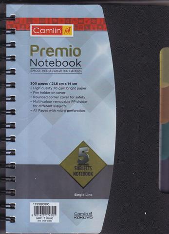 Camlin Premio 5 Subject Notebook 300 Pages ( Size 21.6X14 cm) Rs 170/-